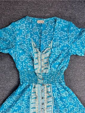 Dharma M Silk Boho Turquoise Floral Button-Front Maxi Dress